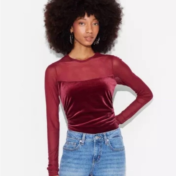 Wild Fable Women's Long Sleeve Mesh to Velour Party Top ๐ด - Picture 2 of 3